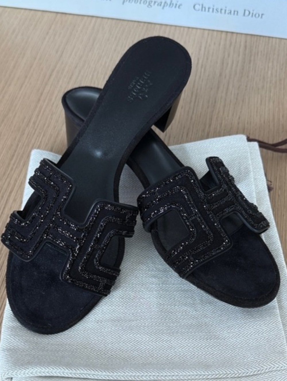 Hermes Oasis Black W/ Crystals 39 Heels Slides US 8 8.5 - Picture 2 of 5